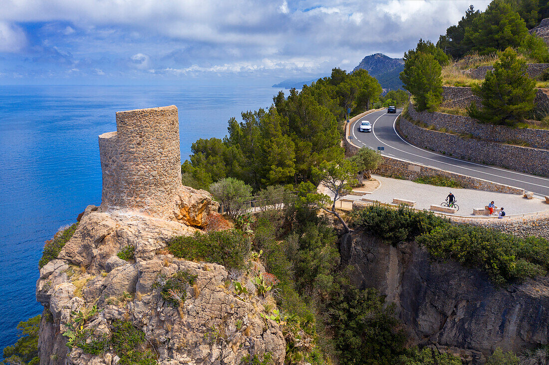 Aerial view of Mirador Torre del Verger or Torre de ses Animes near Banyalbufar, West Coast, Mallorca, Spain