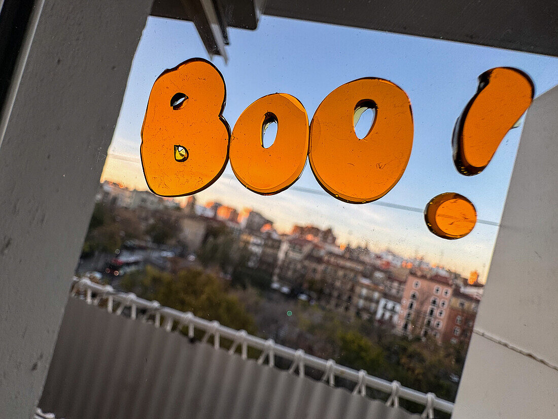 Halloween stickers on house window, Spain