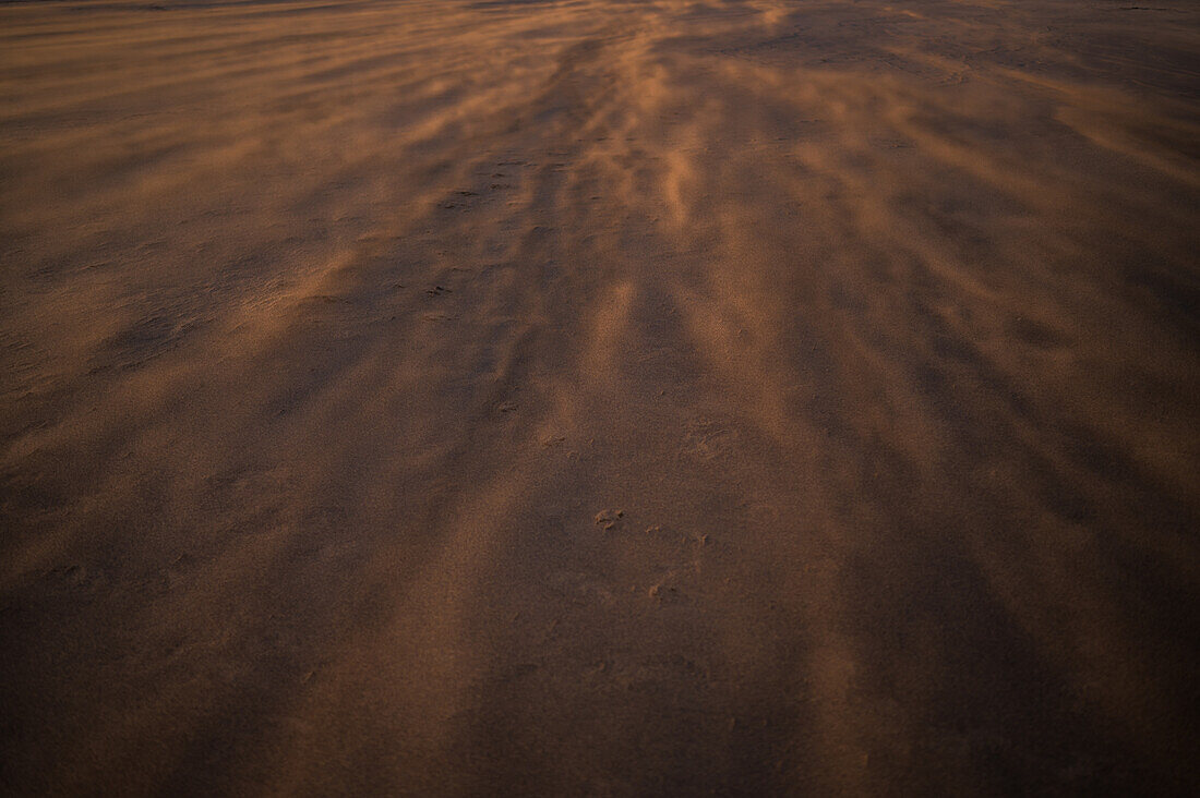 Wind weht Sand an einem Strand in Lanzarote, Kanarische Inseln, Spanien