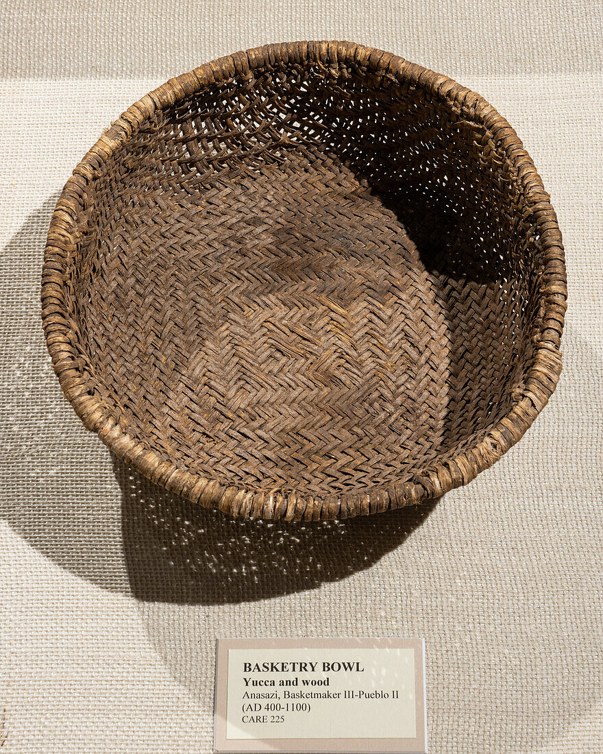 A 1000-year old Native American Ancestral Puebloan basketry bowl in the USU Eastern Prehistoric Museum in Price, Utah.