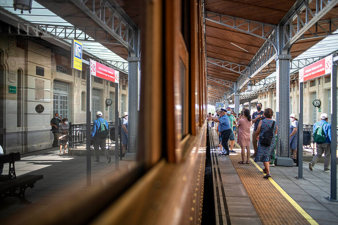 Strawberry train parked at Aranjuez train station, Madrid, Spain.