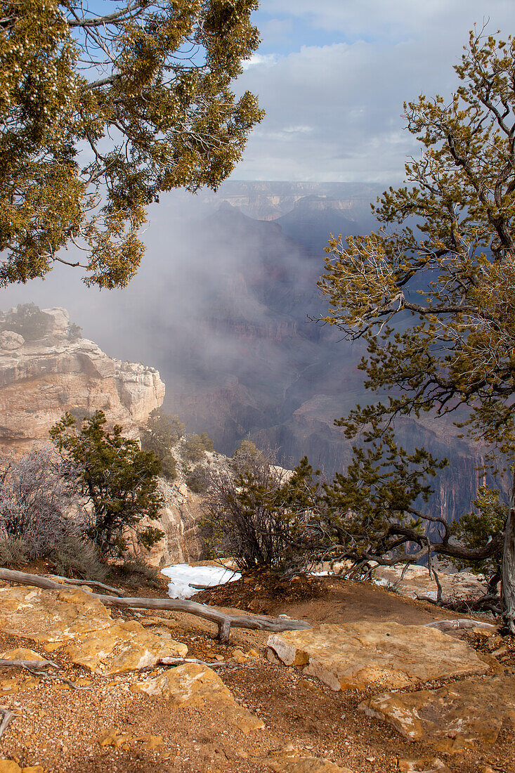 Winterlicher Schneesturm über dem Canyon im Grand Canyon National Park, Arizona