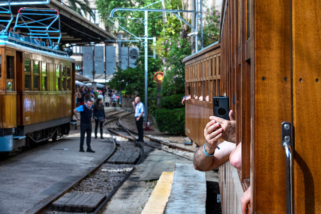 Placa d´Espanya train station. Tren de Soller train vintage historic train that connects Palma de Mallorca to Soller, Majorca, Balearic Islands, Spain, Mediterranean, Europe.