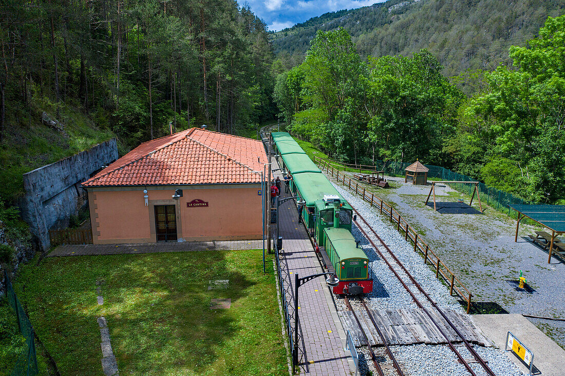 Aeria view of Tren del Ciment, at Clot del Moro station, Castellar de n´hug, Berguedà, Catalonia, Spain.