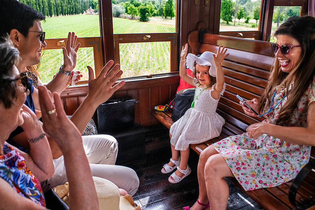 Passengers inside the Strawberry train that goes from Madrid Delicias train station to Aranjuez city Madrid, Spain.