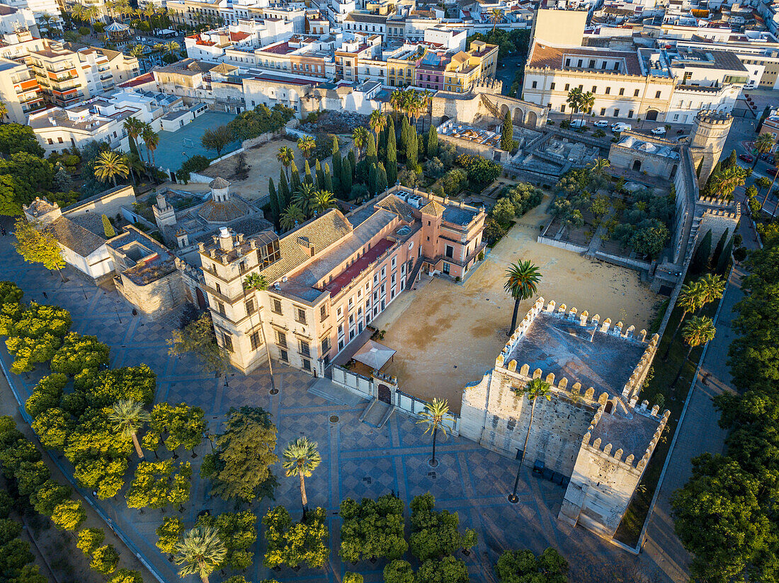 Luftaufnahme der Gärten Jardines del Alcázar in Jerez de la Frontera, Provinz Cádiz, Spanien