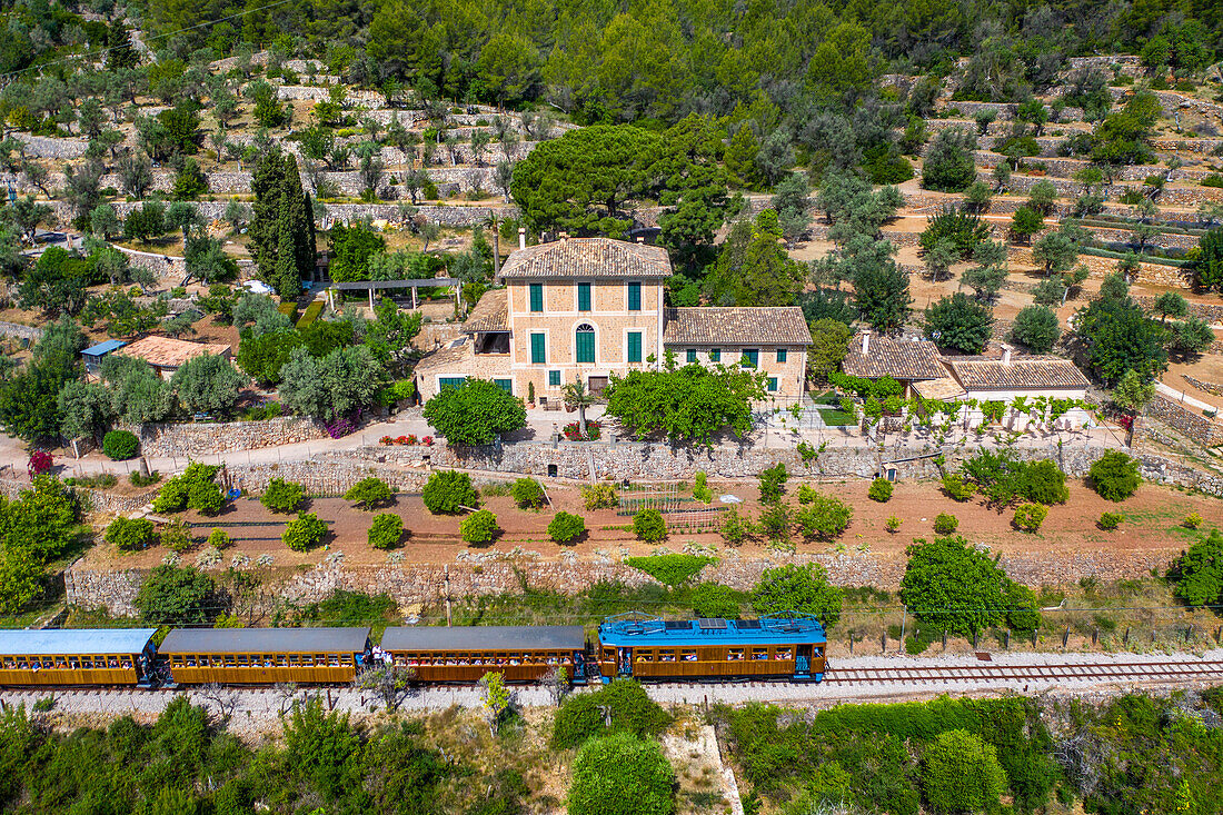 Aerial view near Soller village. Landscape of tren de Soller train vintage historic train that connects Palma de Mallorca to Soller, Majorca, Balearic Islands, Spain, Mediterranean, Europe.