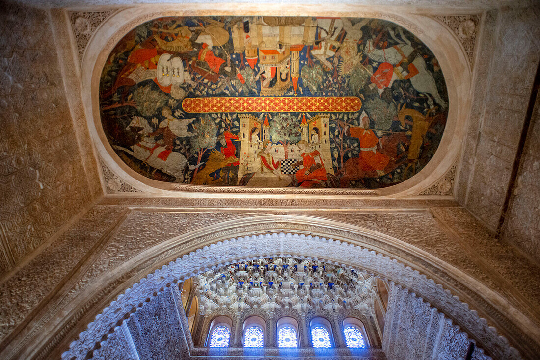 Alhambra-Palast Nasridenpaläste Deckengemälde mit Darstellung der zehn Nasriden-Könige, Granada, Andalusien Spanien Europa