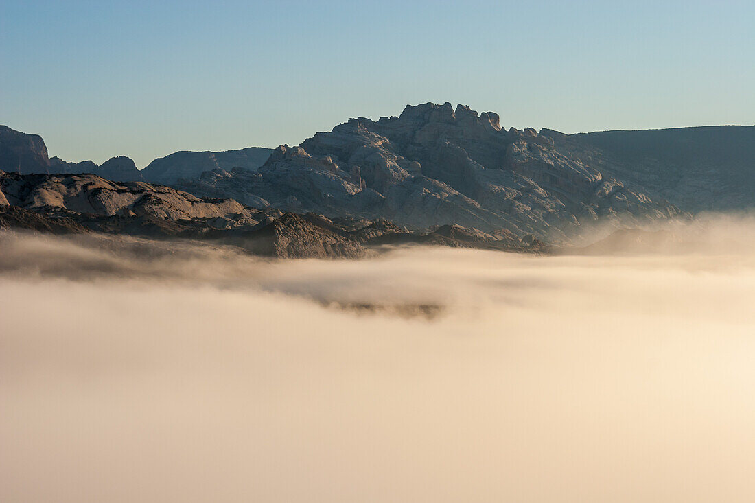 Early morning fog obscures the Green River in Dinosaur National Monument with Split Mountain behind, near Jensen, Utah.