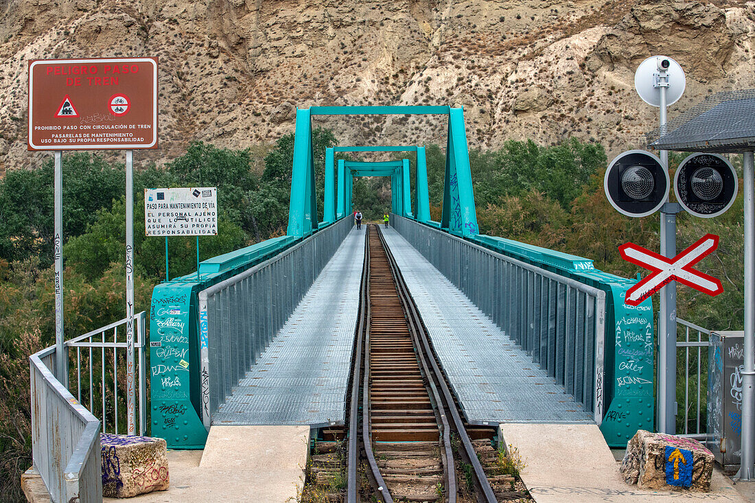 Laguna del Campillo, Puente Verde, in Rivas Vaciamadrid. El Tren de Arganda train or Tren de la Poveda train in Arganda del Rey, Madrid, Spain.