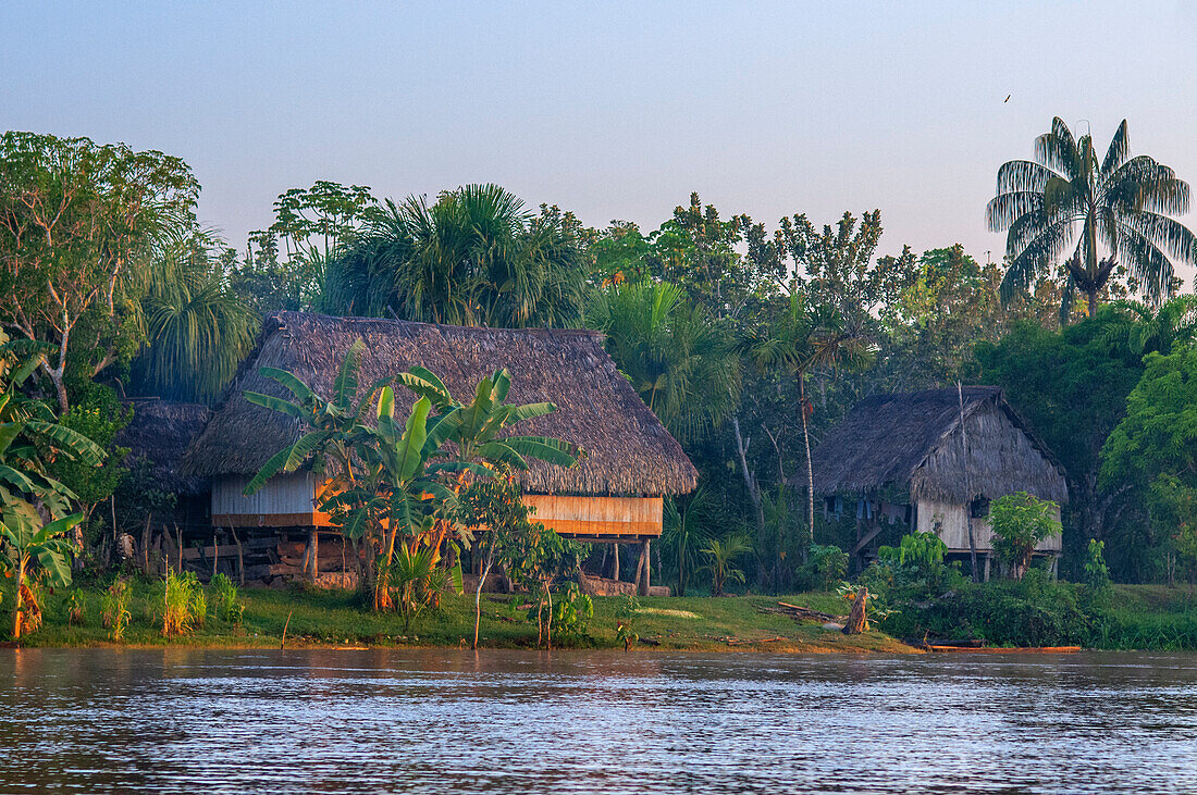 Wooden houses in the indiana village near Iquitos, Loreto, Peru, South America.