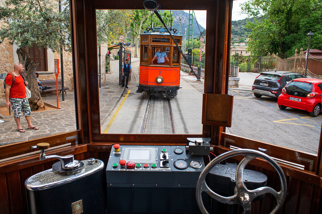Vintage tram at the railway station in Soller village. The tram operates a 5kms service from the railway station in the Soller village to the Puerto de Soller, Soller Majorca, Balearic Islands, Spain, Mediterranean, Europe.
