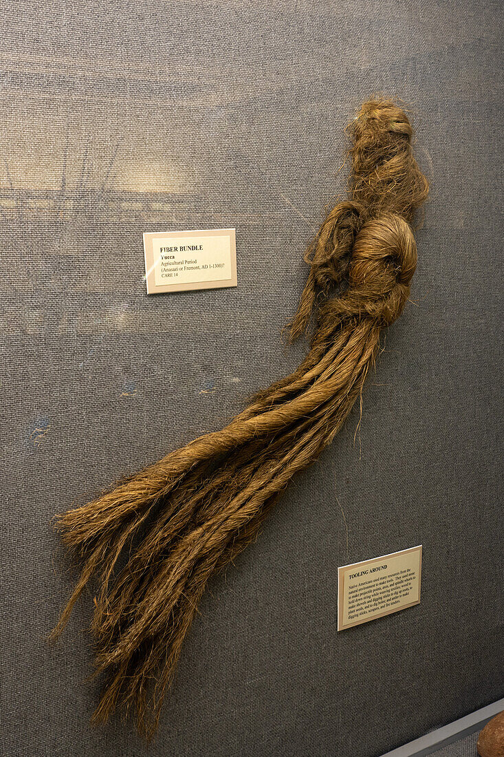 Ein von den prähispanischen Ureinwohnern Amerikas verwendetes Yucca-Faserbündel im USU Eastern Prehistoric Museum in Price, Utah