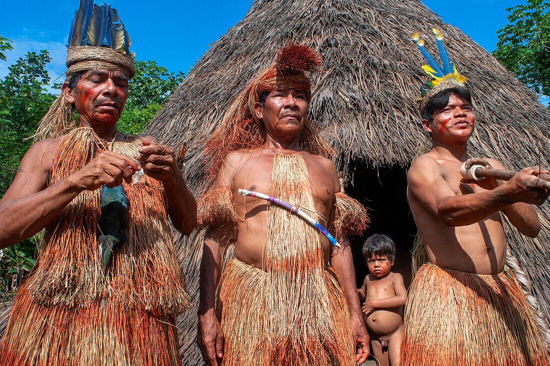 Hunting blow dart, Yagua Indians living a traditional life near the Amazonian city of Iquitos, Peru.