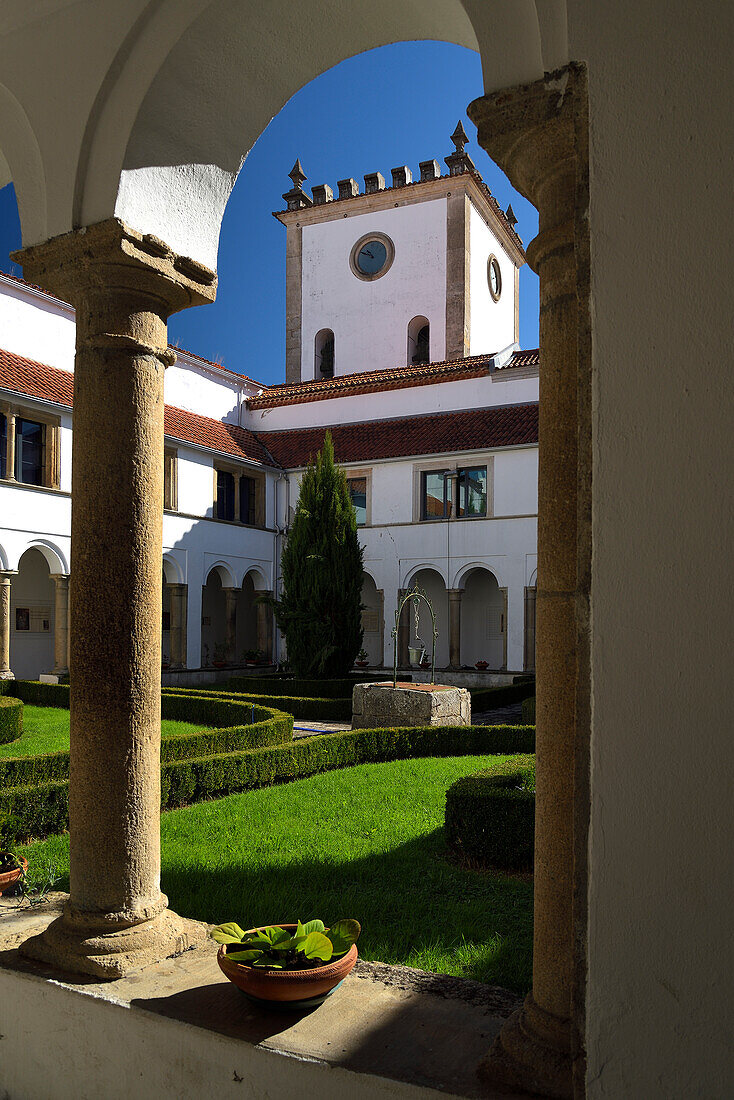 The cloister and the Clock Tower of Saint John the Baptist Church of Bragança, Portugal.