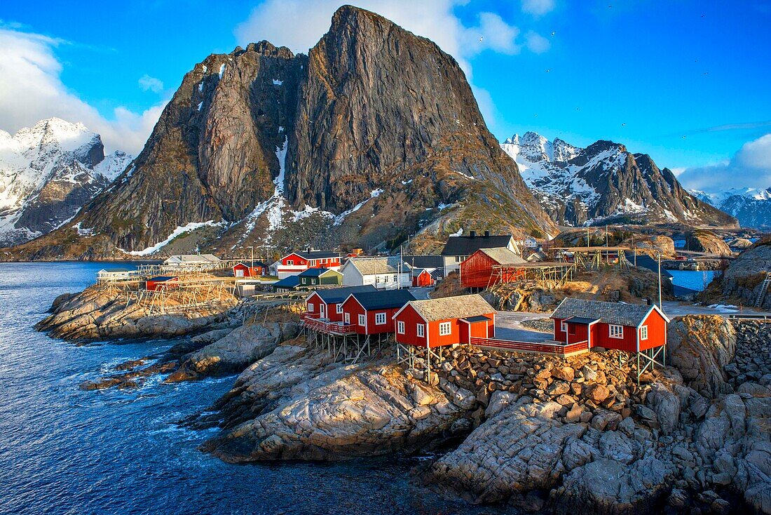 Traditionelle rote Häuser rorbu cottages im Dorf Hamnoy, Lofoten-Inseln, Norwegen