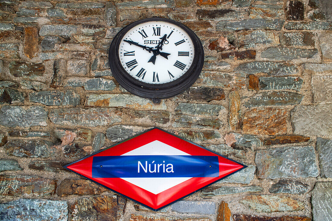Nuria station in the Cogwheel railway Cremallera de Núria train in the Vall de Núria valley, Pyrenees, northern Catalonia, Spain, Europe