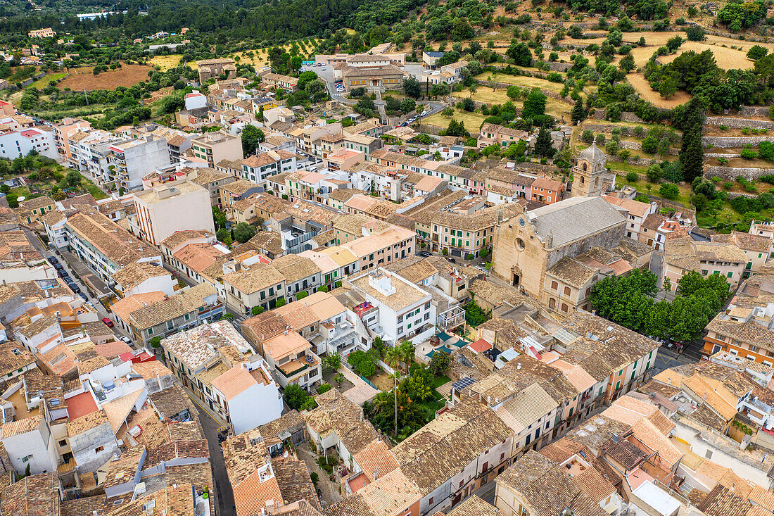 Aerial view of Bunyola village, Bunola, Serra de Tramuntana mountain range, Majorca, Mallorca, Balearic Islands, Spain, Europe