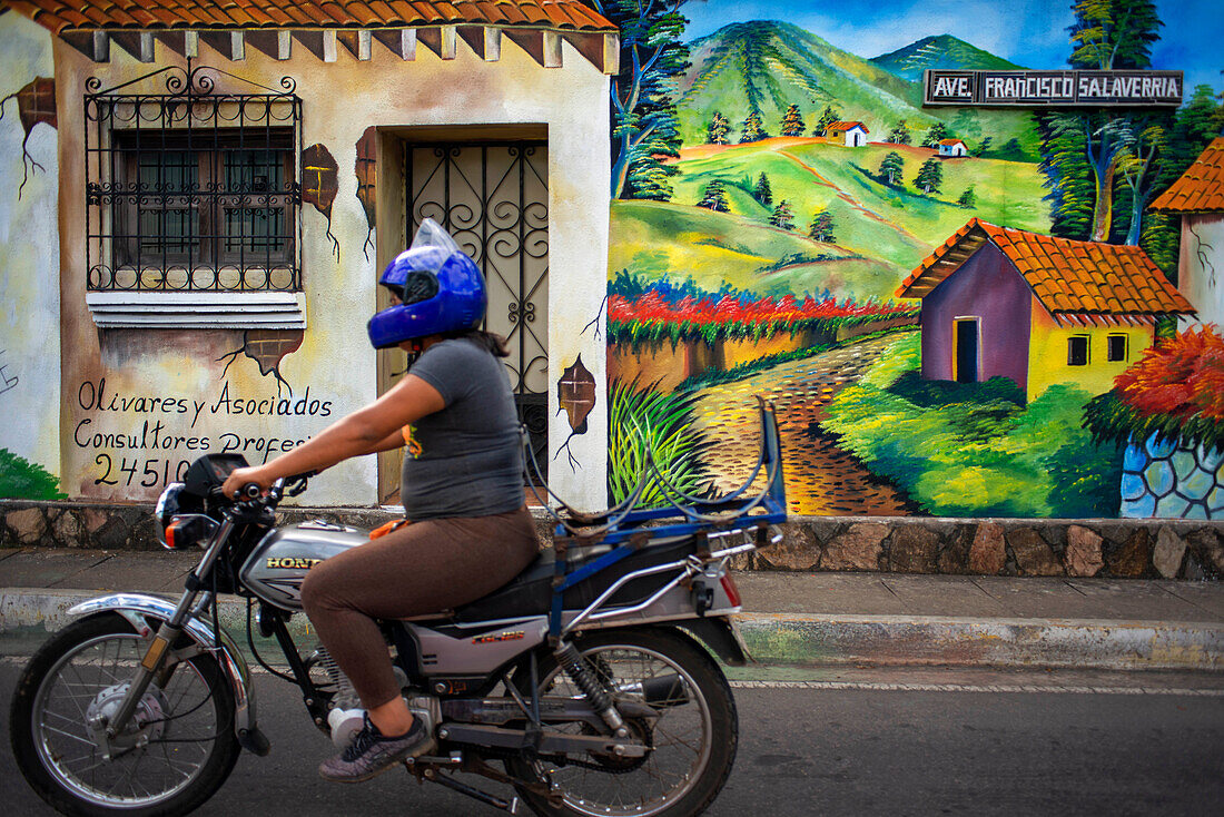 Motorbike and Wall street art graffiti in Salcoatitan Sonsonate El Salvador Central America. Ruta De Las Flores, Department Of Sonsonate.