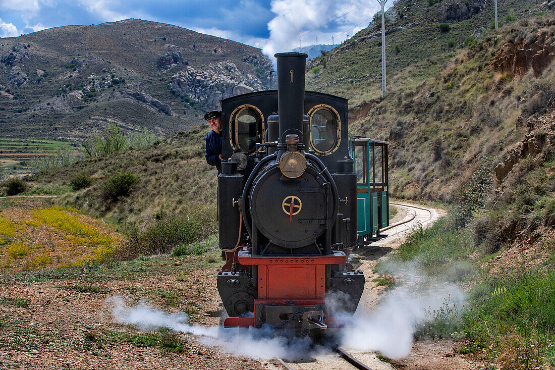 Steam train, Utrillas mining train and Utrillas Mining and Railway Theme Park, Utrillas, Cuencas Mineras, Teruel, Aragon, Spain.