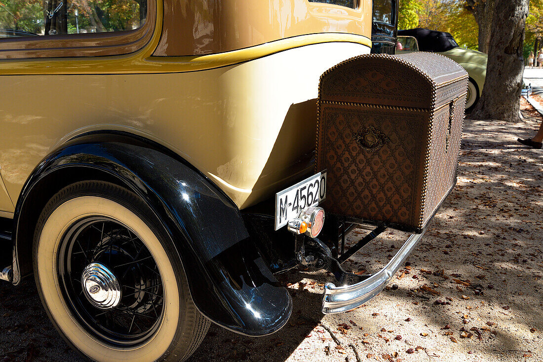 Detail of the back of a classic car in a car festival in San Lorenzo de El Escorial, Madrid.