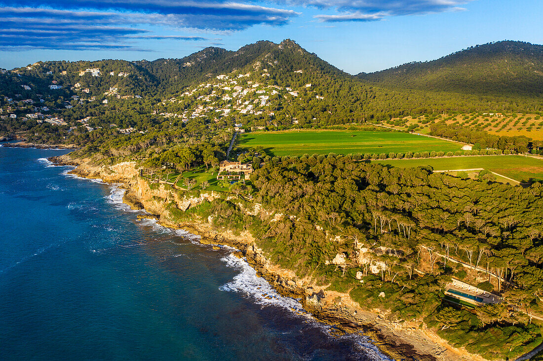 Aerial view of Cala Canyamel beach, Balearic islands, Mallorca, Majorca Island, Spain.