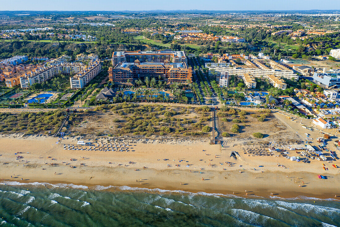 Aerial view of Playa de la Antilla beach hotels Lepe Huelva Province, Andalusia, southern Spain.