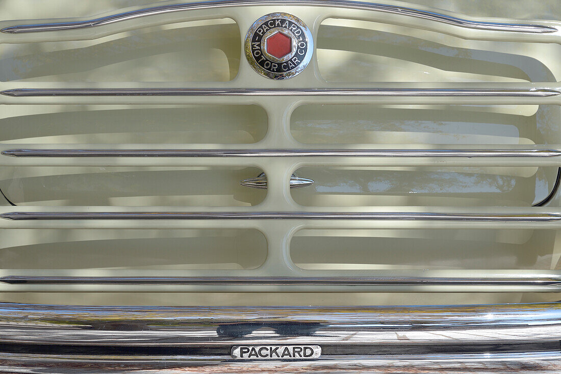 Detail of the back of a Packard classic car in a car festival in San Lorenzo de El Escorial, Madrid.