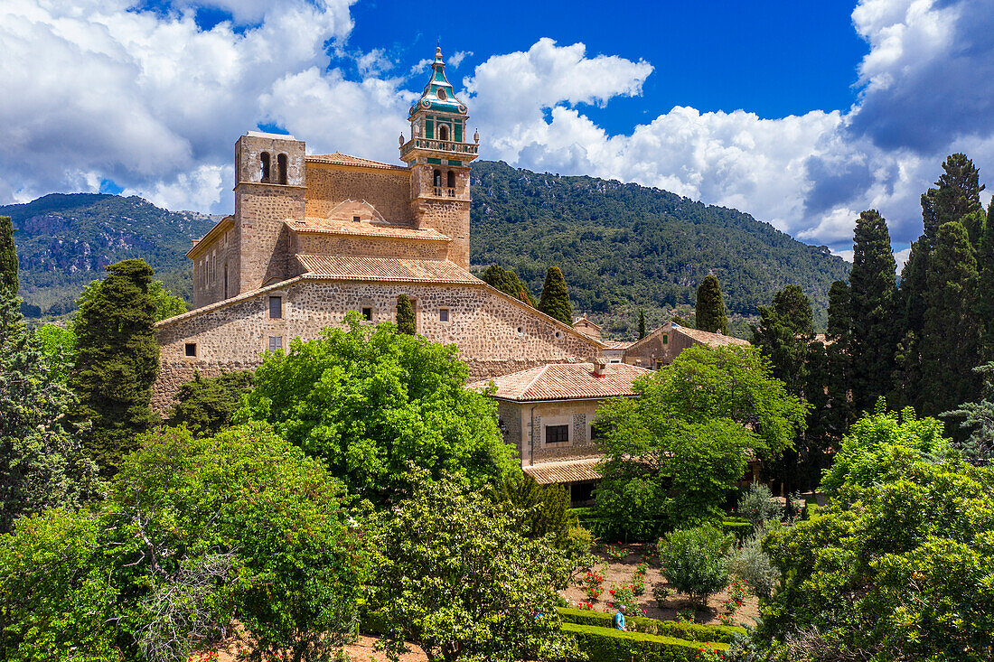 Aerial view of the Real Cartuja de Valldemossa, an old Carthusian monastery founded as a royal residence, Mallorca island, Balearic islands, Spain.