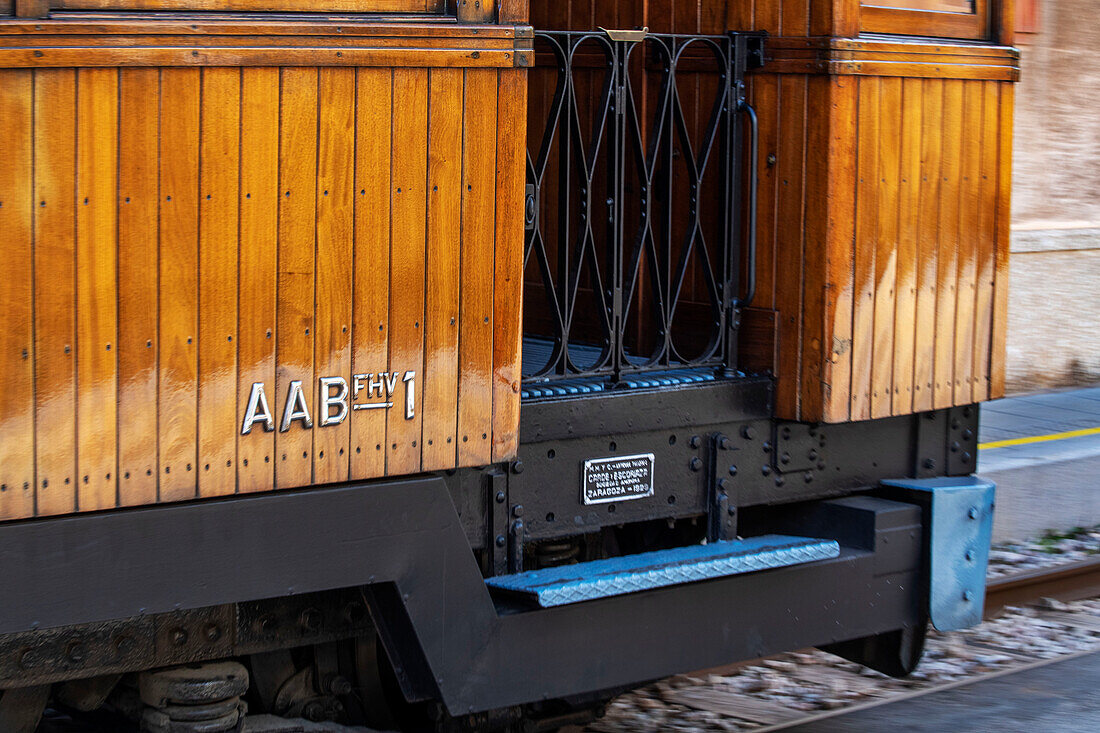 Trade, sigh in the tren de Soller train vintage historic train that connects Palma de Mallorca to Soller, Majorca, Balearic Islands, Spain, Mediterranean, Europe.