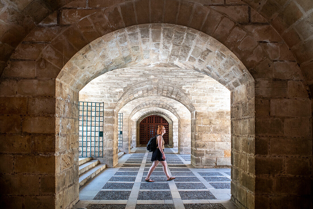 Historic hallway with bows in the basement of the walls named Passeig Dalt Murada next to the Royal Palace of la Almudaina.