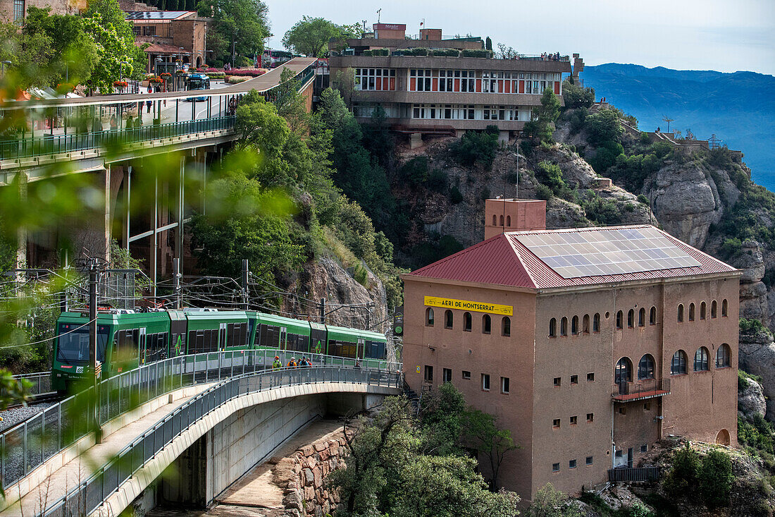 Santa Cova cable car railway train climbing up Santa Cova chapel on the mountain Montserrat in Monistrol de Montserrat, Barcelona, Catalonia, Spain