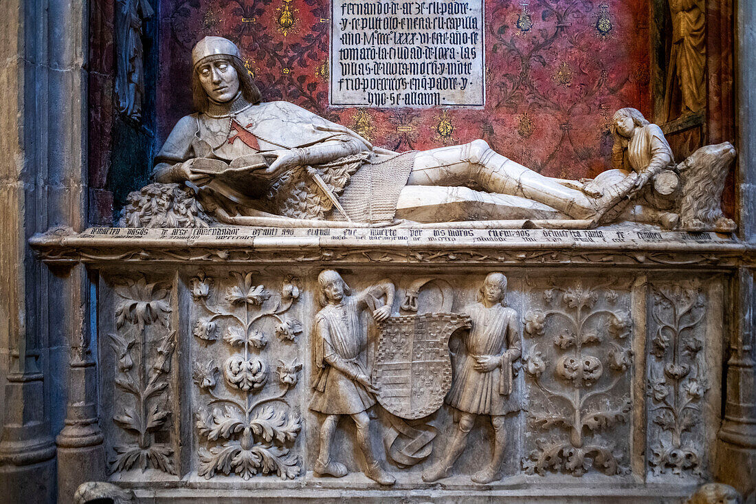 Tomb of the Doncel, or young Knight, a much visited section of Siguenza Cathedral, Spain. He died in 1486 when he was 14, young nobleman Martín Vázquez de Arce (1460-1486), portrait statue in his tomb in the Cathedral of Sigüenza (Guadalajara), made in polychromed alabaster, 1486-1504.