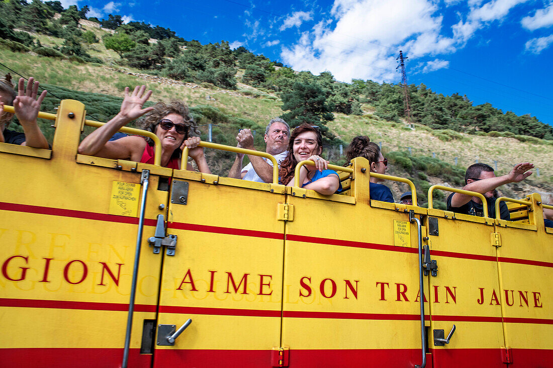 People inside The Yellow Train or Train France, Pyrenees-Orientales, Pyrénées-Orientales, Languedoc-Roussillon, France.
