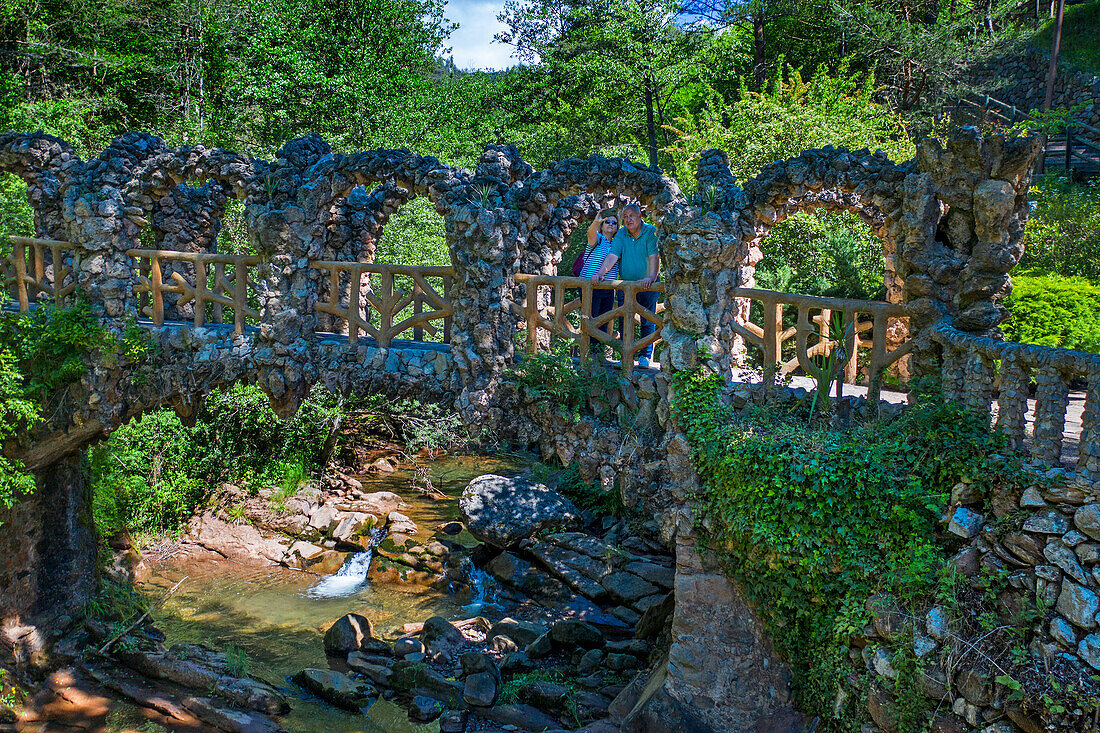 Aerial view of Artigas Gardens or Jardins Artigas designed by Antoni Gaudí. View of the arches bridge in La Pobla de Lillet, Catalonia, Spain.