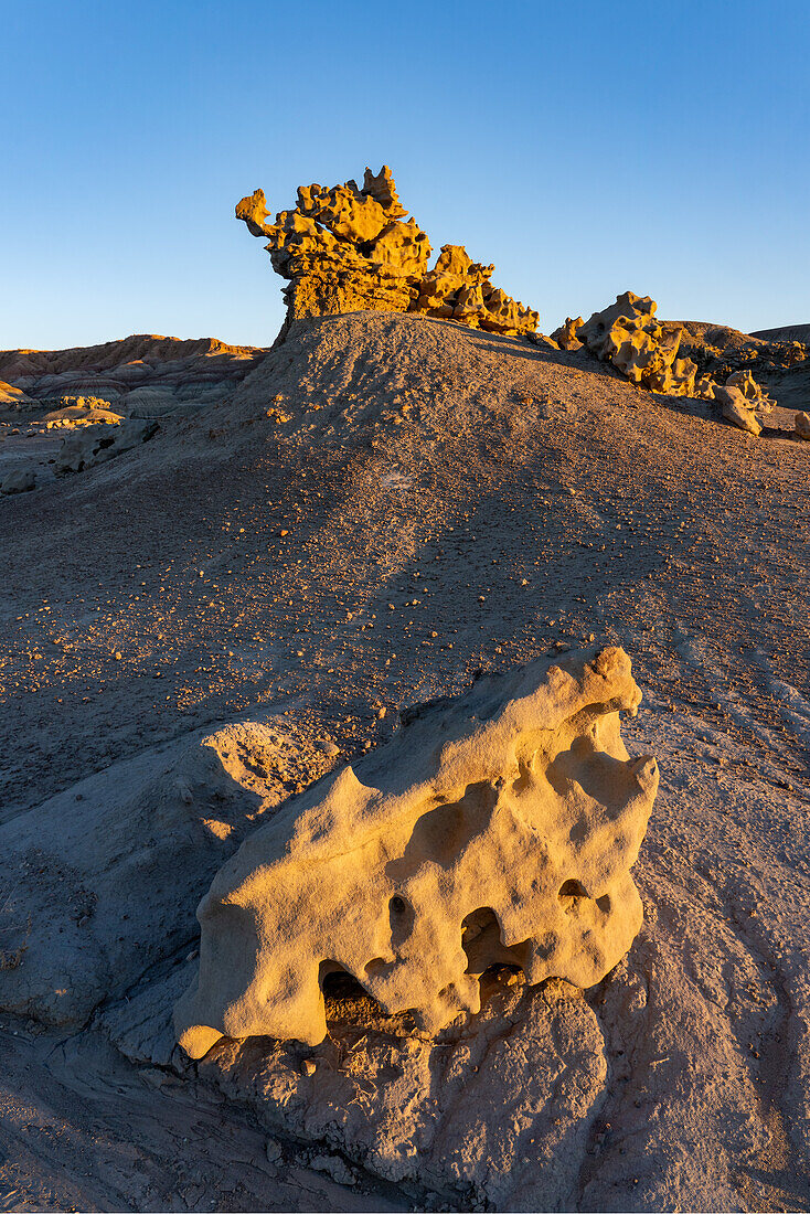 Fantastically eroded sandstone formations at sunset in the Fantasy Canyon Recreation Site, near Vernal, Utah.