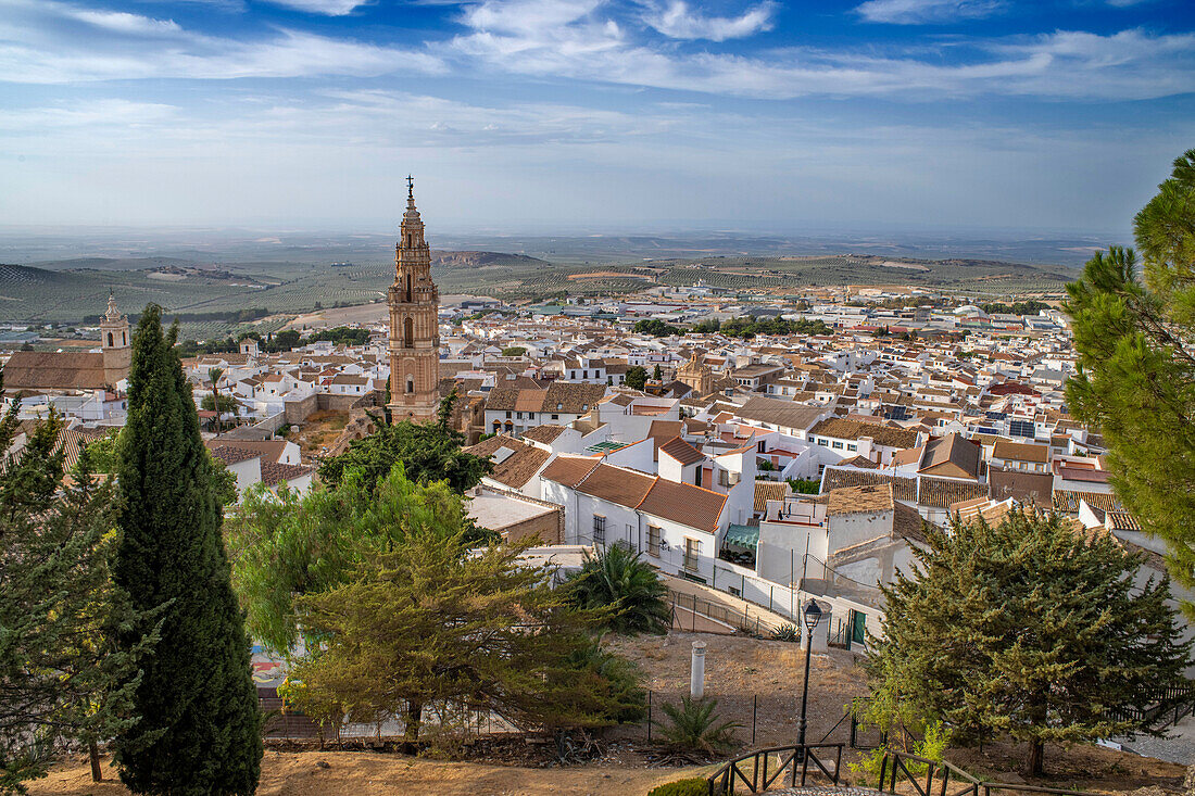 Aerial view of Estepa old town in Seville province Andalusia South of Spain. View over the town with the Torre de la Victoria.