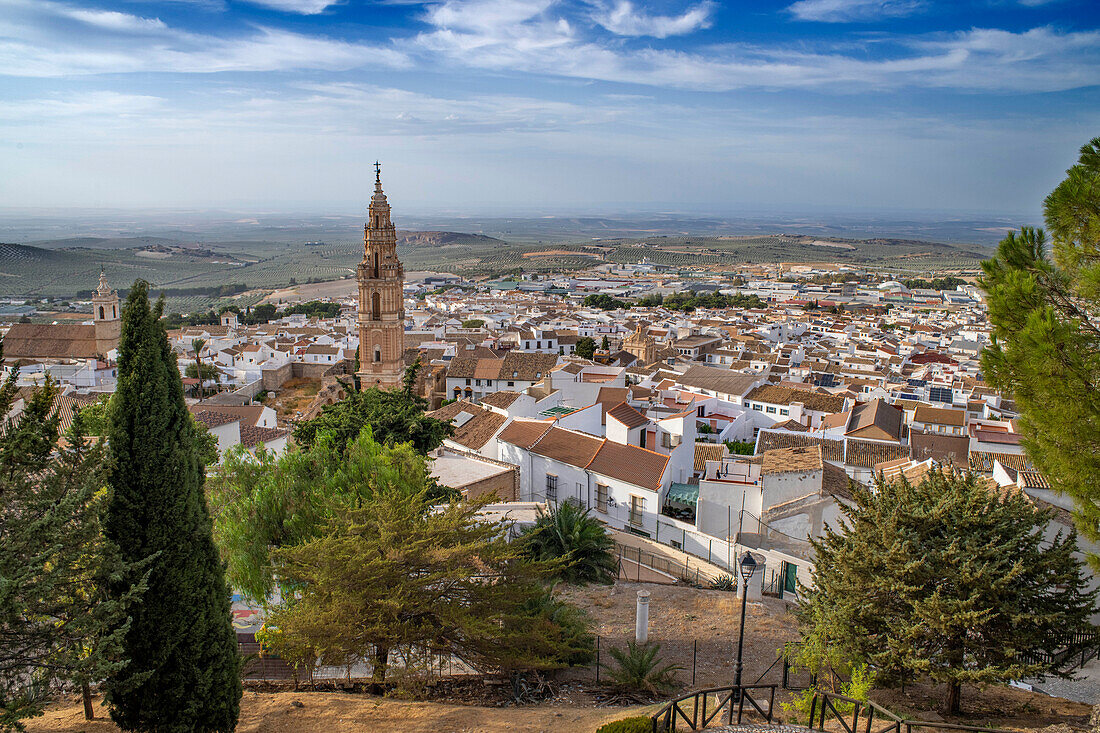 Luftaufnahme der Altstadt von Estepa in der Provinz Sevilla in Andalusien im Süden Spaniens. Blick über die Stadt mit dem Torre de la Victoria