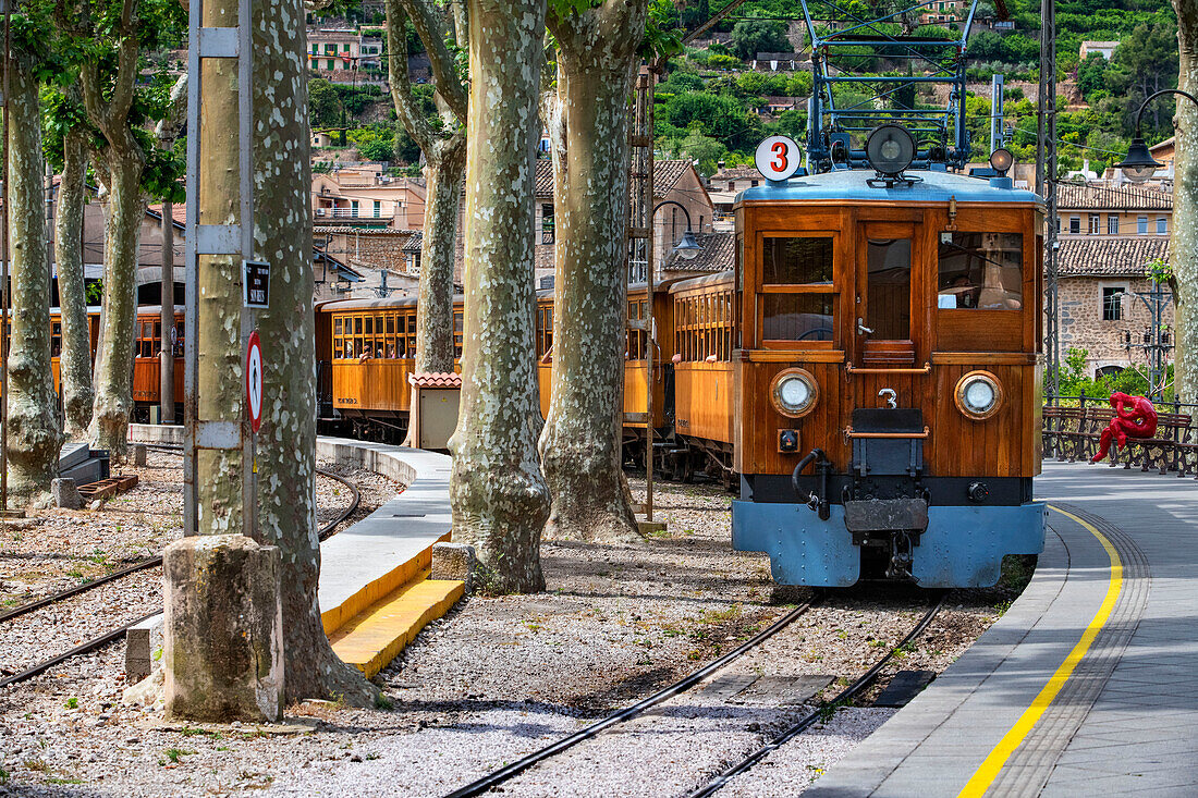 Soller train station in Soller village. Tren de Soller train vintage historic train that connects Palma de Mallorca to Soller, Majorca, Balearic Islands, Spain, Mediterranean, Europe.