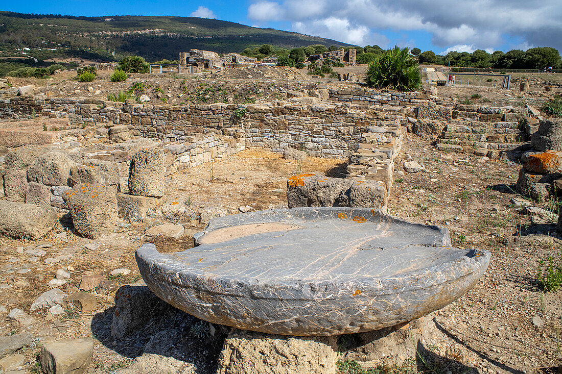 Roman ruins of Baelo Claudia at Bolonia, Costa de la Luz, Cadiz Province, Andalusia, southern Spain. Bolonia beach. Playa de Bolonia.