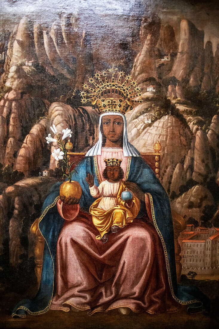 Our Lady of Montserrat in red velvet chair, XVII paint, Montserrat museum, Benedictine abbey of Santa Maria de Montserrat, Monistrol de Montserrat, Barcelona, Catalonia, Spain