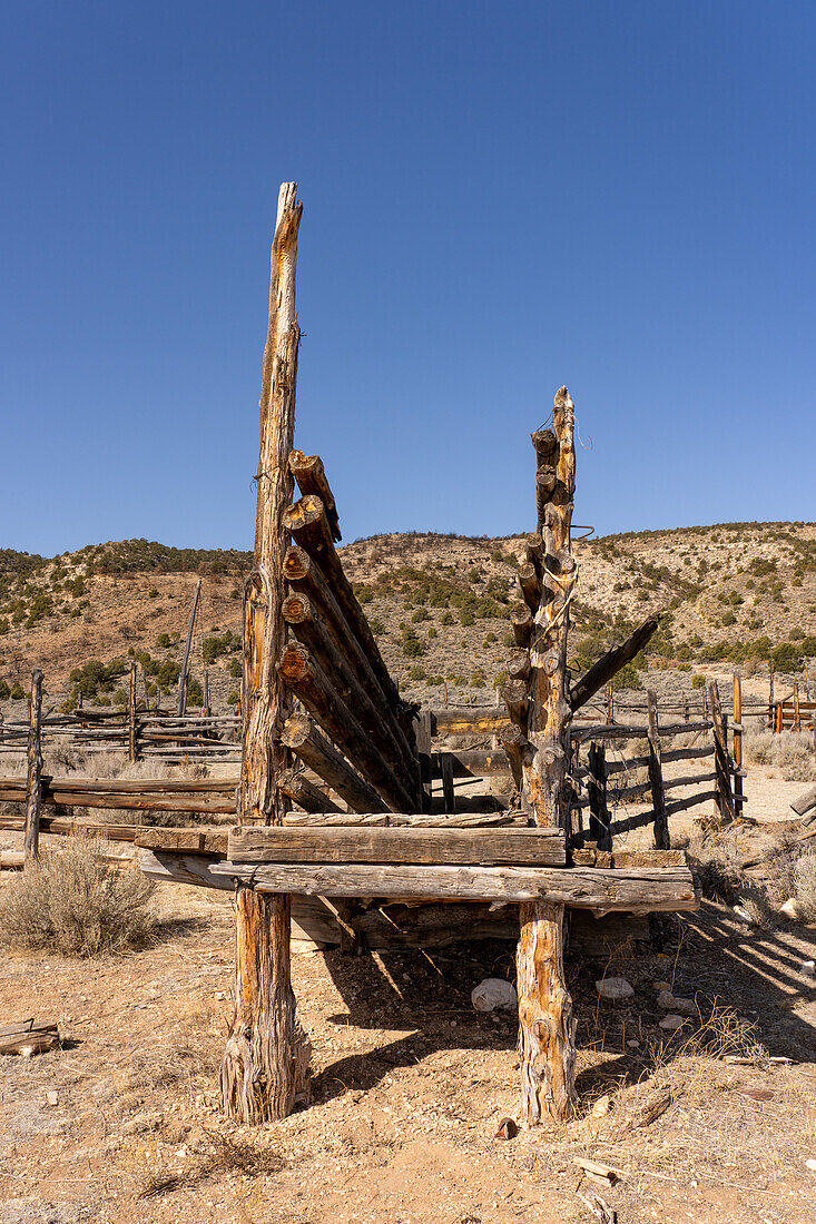 An old loading chute at a pole corral from a former ranch in the Vermilion Cliffs National Monument in Arizona.