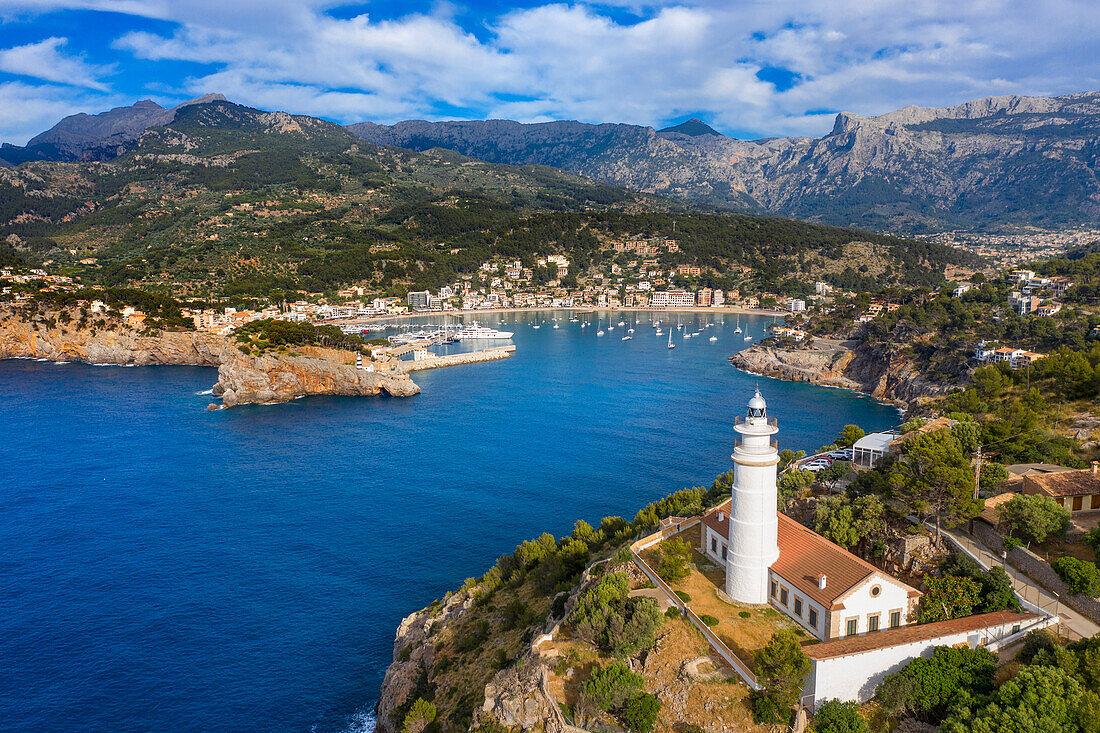 Aerial view of Faro del Cap Gros Lighthouse, Port de Soller, Mallorca, Balearic Islands, Spain, Europe.