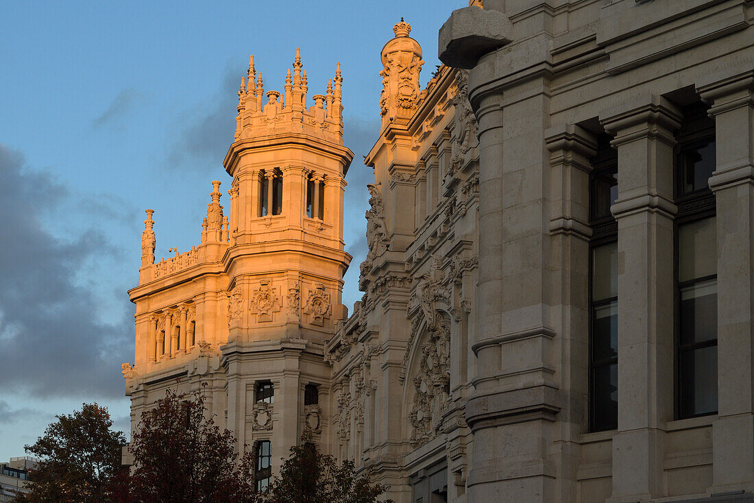 Detail of a tower of the former Post Office Palace, at present the Town Hall of the City of Madrid.