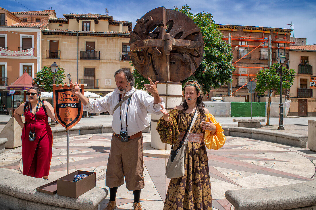 Actors playing Don Quixote de la Mancha through the center of the city of Alcala de Henares, Madrid Spain