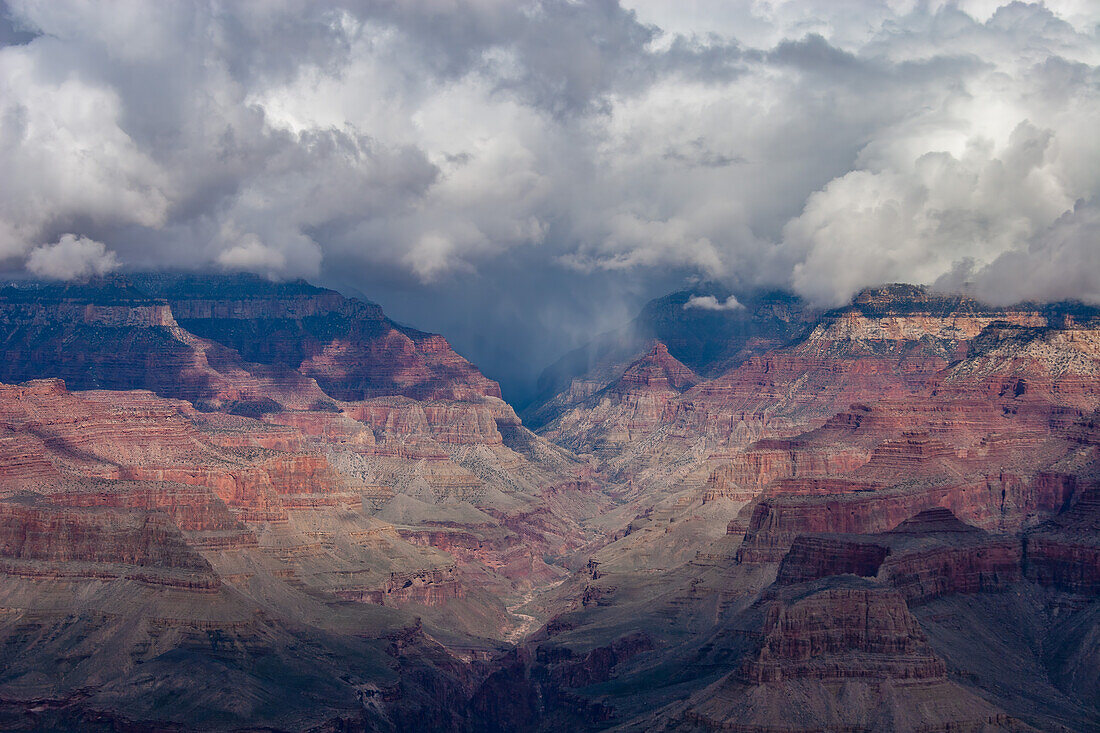 A rain storm over Bright Angel Canyon in Grand Canyon National Park in Arizona.