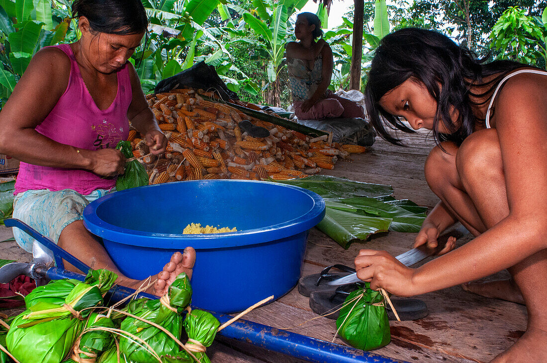 Woman preparing Juanes homemade corn and chicken tamales by traditional method in Timicuro I, Iqutios peruvian amazon, Loreto, Peru.