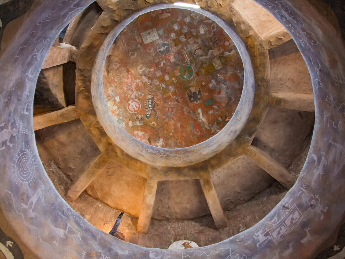 View looking up inside the Desert View Watch Tower in Grand Canyon National Park, Arizona.