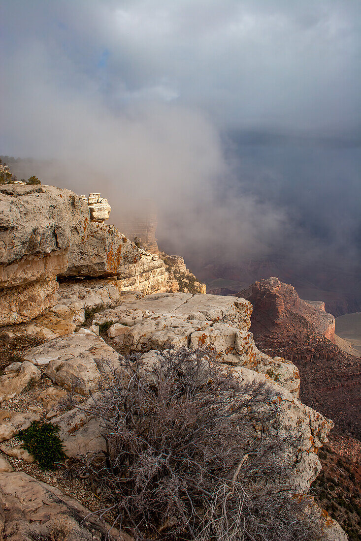 Winter snow squall over the canyon in Grand Canyon National Park, Arizona.