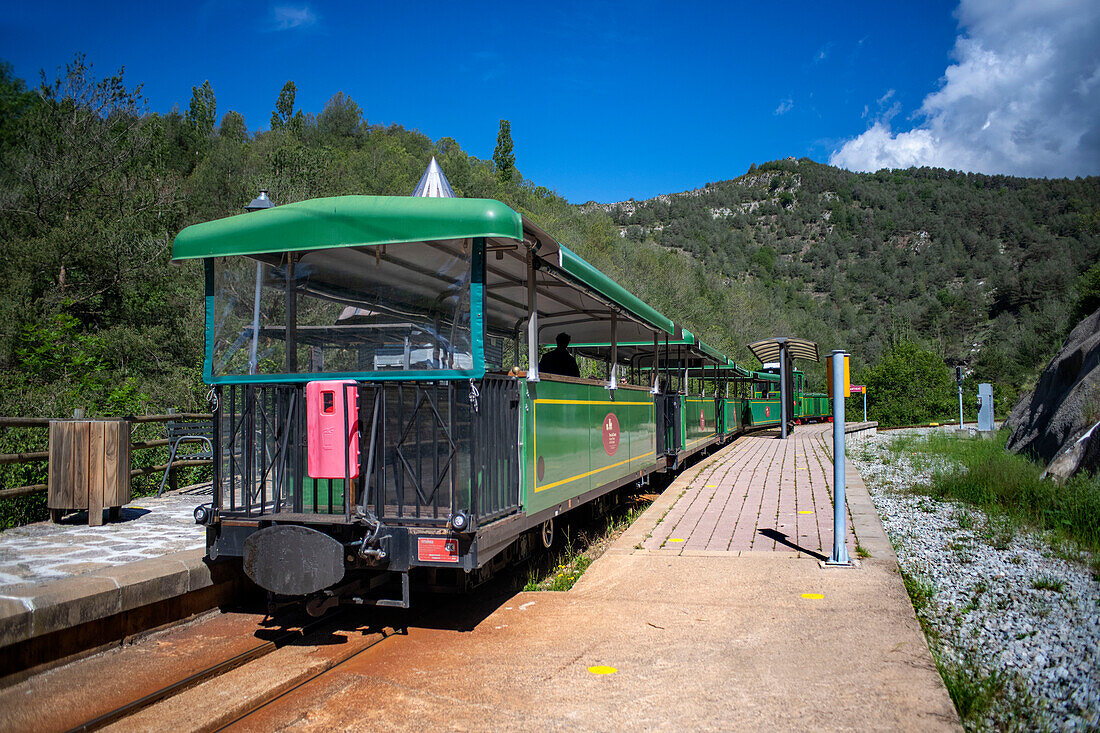 Tren del Ciment, at Jardins Artigas gardens station, La Pobla de Lillet, Castellar de n´hug, Berguedà, Catalonia, Spain.